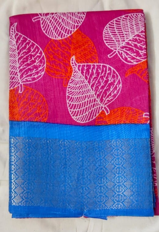 pink saree with blue border