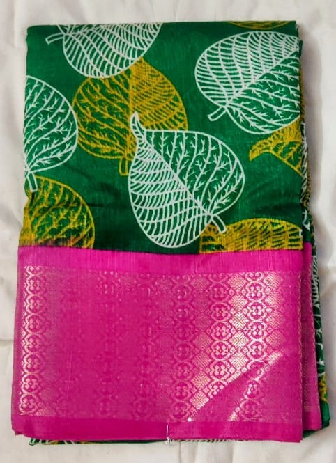 parrot green silk saree with pink border online