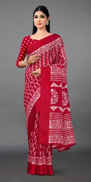 Red saree with silver border
