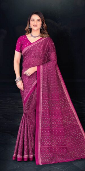cream and rani pink cotton saree