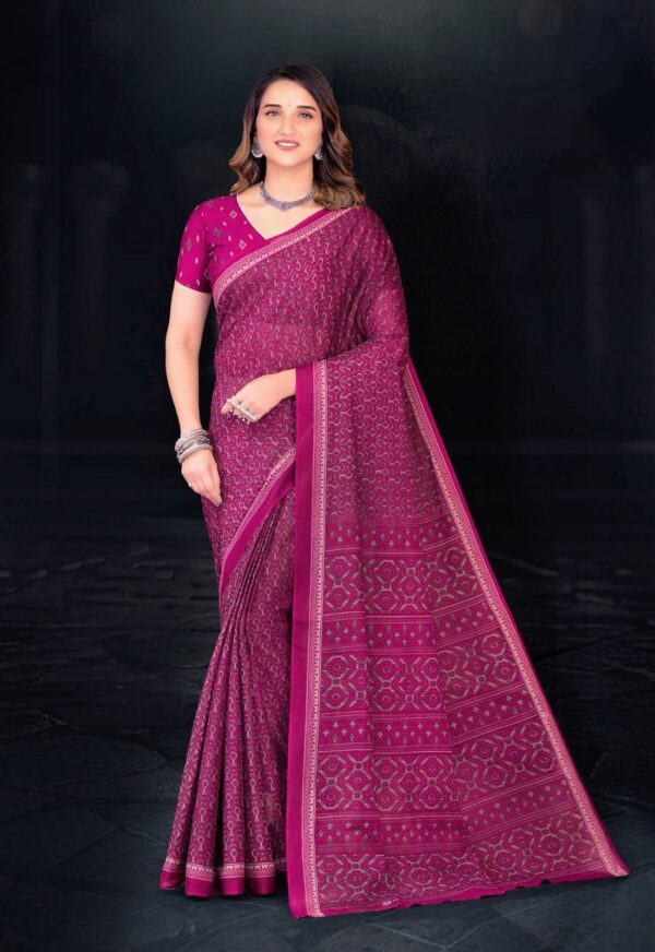 cream and rani pink cotton saree