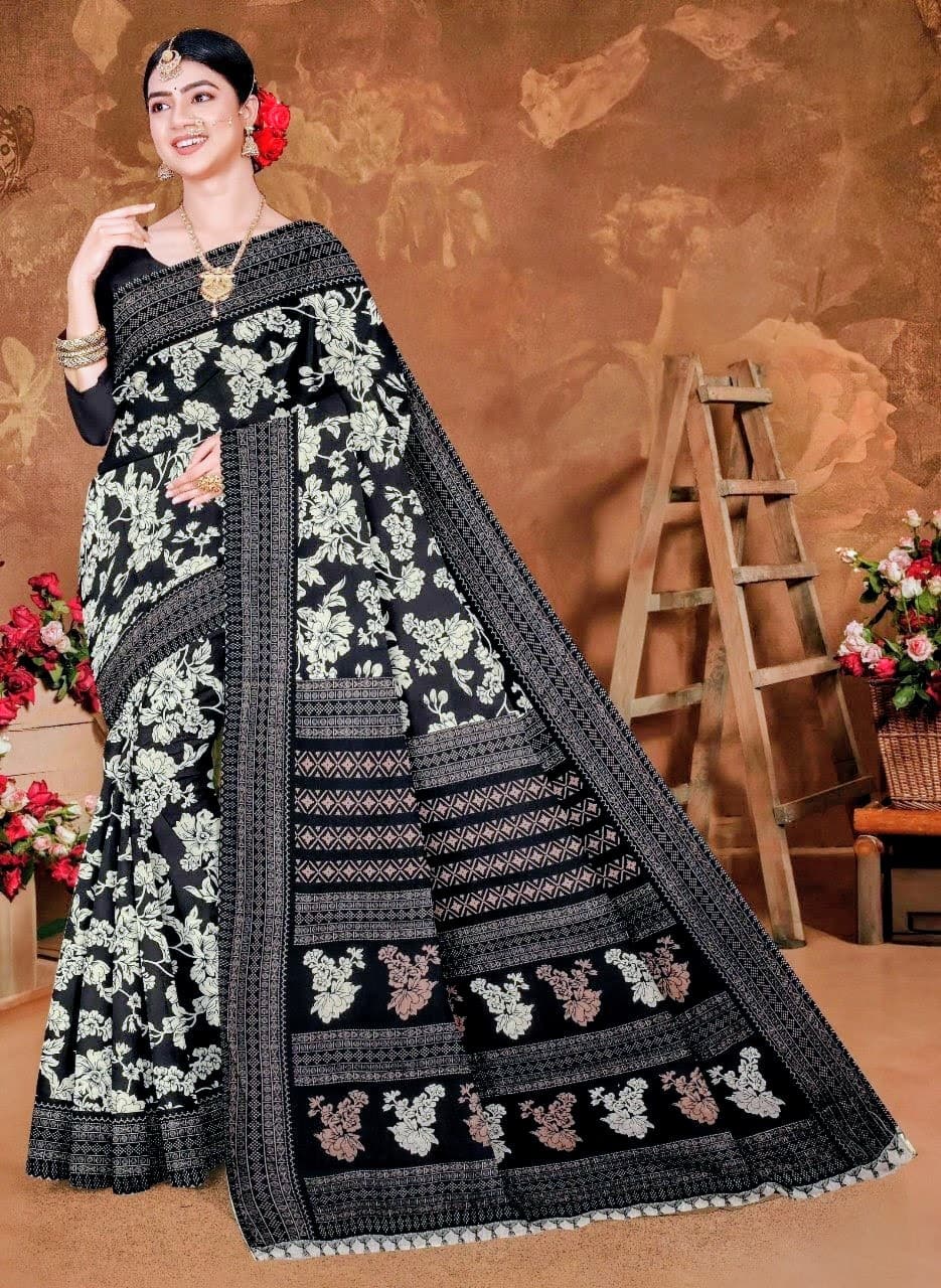 black colour saree | pure cotton with blouse | PCS104 | best combination colours 1 black colour saree