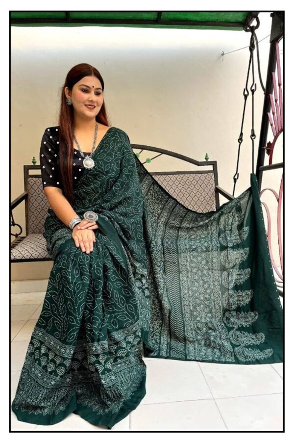 bottle green saree with maroon border | ICS004 | Gorgeous Bandhani | 50% Cashback